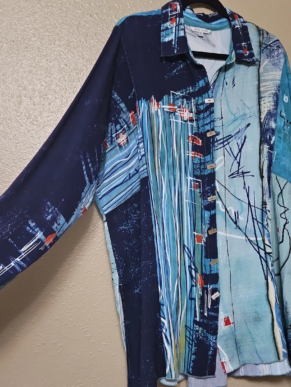 John Mark 2X Abstract Blue Button-Up Art Print Shirt Tunic Artsy - Picture 2 of 16